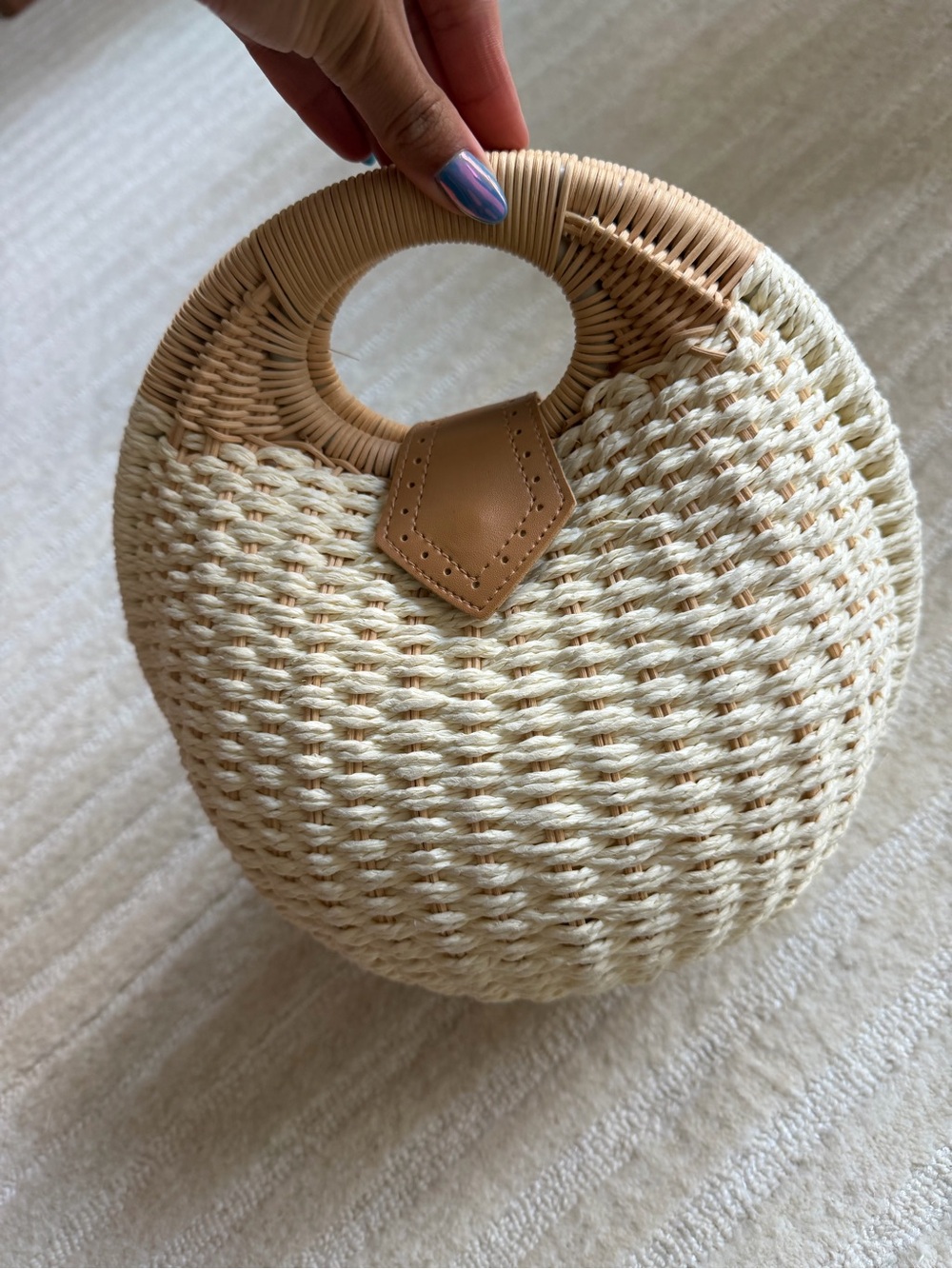 Cream Rattan Woven Round Handbag with Tan Trim